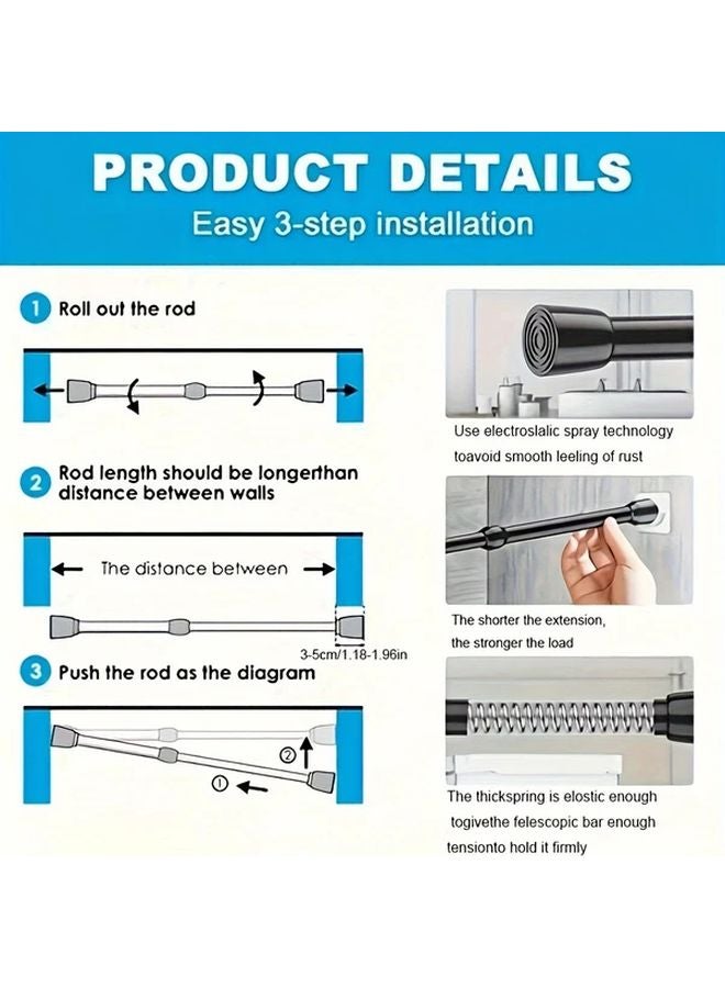 Black Telescopic Shower Curtain Rod No Drill Installation 50cm To 90cm Adjustable - Image 5